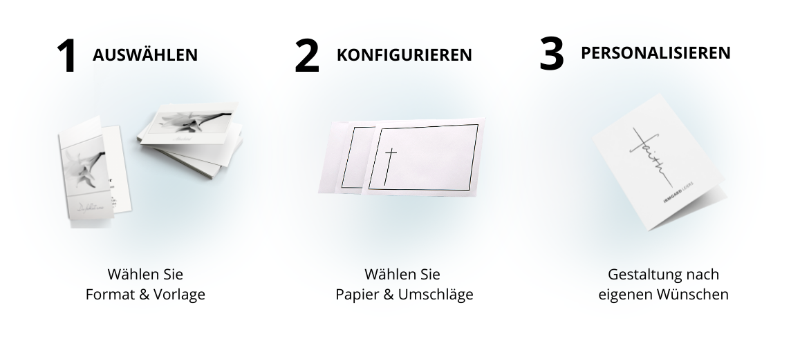 3 Schritte zur Dankeskarte Trauer Grafik zeigt die 3 Schritte zur Gestaltung einer Dankeskarte zur Trauer